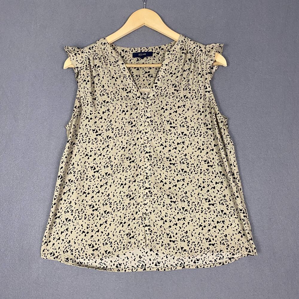 Eclair Top Womens S Beige Black Printed Ruffle Sleeve Flowy Blouse Breathable